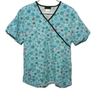 Cherokee Small Scrub Top Blue With Snowflakes Women's Medical Uniform